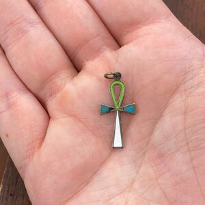 Vintage 800 Silver Revival Enamel Egyptian Ankh Art Deco Pendant Charm